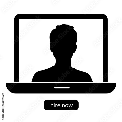 Silhouette on screen with “hire now” button, remote hiring fast recruit concept