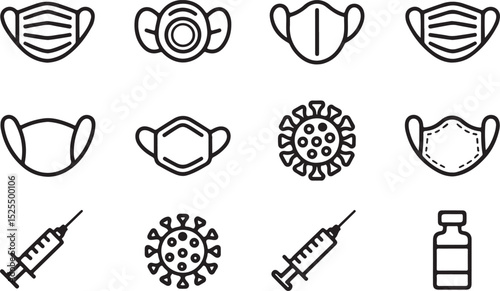 Mask, Virus, and Vaccine Icon Set – Clean Outline Style Medical Icons for Health, Safety, and Immunization UI