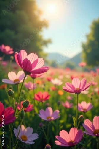 Sunlit cosmos field, delicate petals in full bloom, wallpaper, background