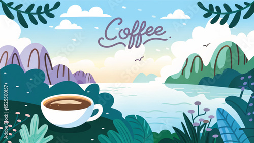 Coffee cup on scenic landscape with ocean and mountains in background  