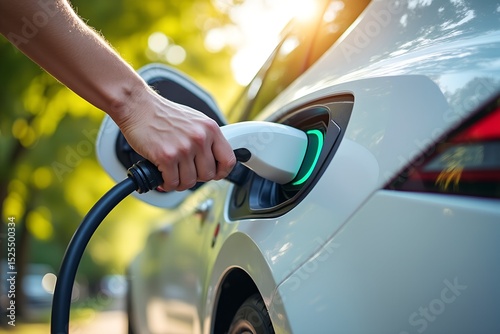A hand inserts a charging cable into an electric vehicle, bathed in sunlight