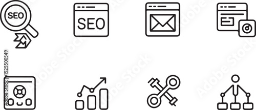 SEO, Advertising, and Email Marketing Outline Icon Set – Digital Marketing and Online Promotion Line Icons
