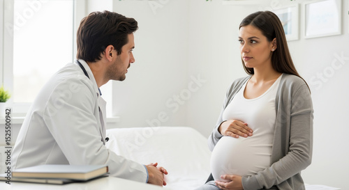 Pregnant woman consulting with male doctor in bright medical office. Maternity healthcare prenatal checkup examination pregnancy care gynecology obstetrics medical