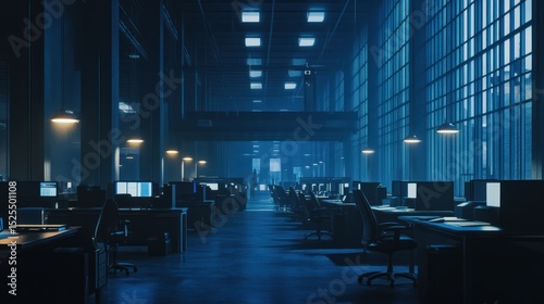 A long, dimly lit, empty office space at night, featuring rows of desks with computers, large windows, and industrial-style lighting