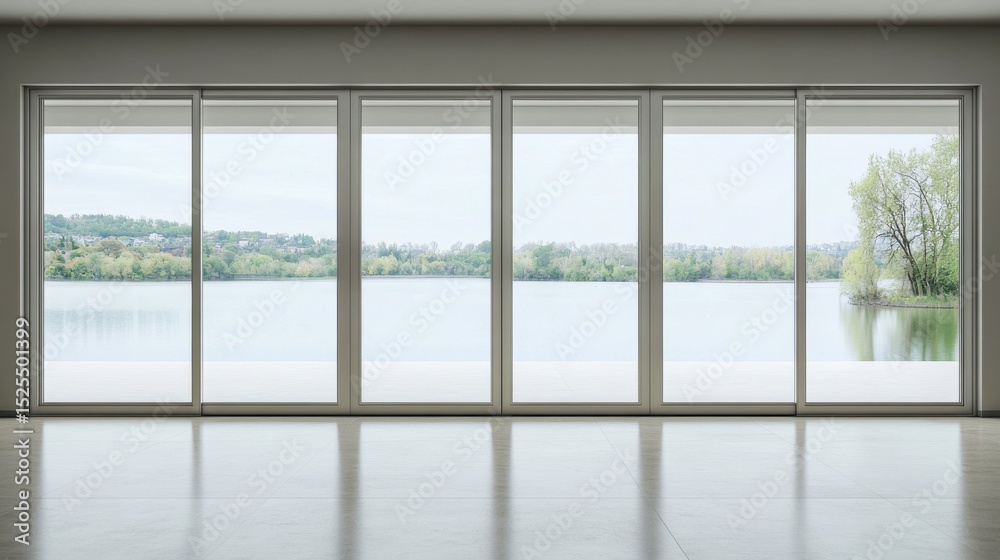 Obraz premium Lake View Interior Design Floor to Ceiling Sliding Glass Doors, Modern Minimalist Home, Interior Architecture Modern Architecture, Minimalist Design