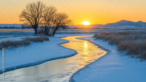 A winding frozen river snakes through a vast snowy winter landscape at sunset. The sky glows warmly as the icy terrain reflects hues of orange and pink, symbolizing solitude, beauty, and seasonal chan