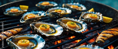 Seafood on grill with oysters and lemon wedges, barbecued shellfish, seafood cuisine grilled outdoors. photo