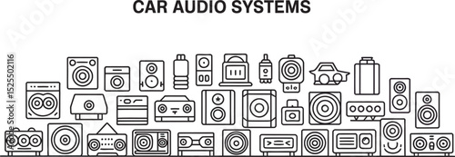 Car audio system icon collection illustrating automotive sound equipment and components