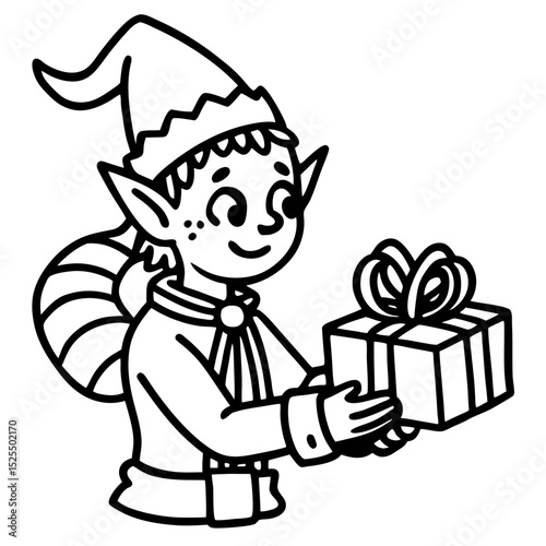 Elf Wrapping Gifts — Simple Vector Illustration on White Background