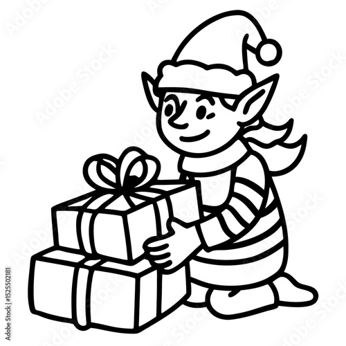 Elf Wrapping Gifts — Simple Vector Illustration on White Background