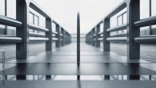 A corridor with railings on both sides, viewed from below, with a central vertical pole. Modern architectural design and safety features.