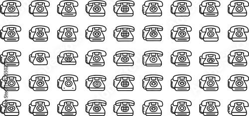 Repeating pattern of vintage telephones black and white outline illustration