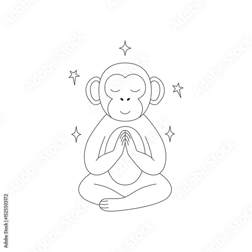 Monkey in a meditative pose with its eyes closed and surrounded by  stars