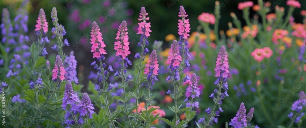 Obraz premium Colorful garden with purple and pink flowers, lush green foliage and vibrant blooming plants.