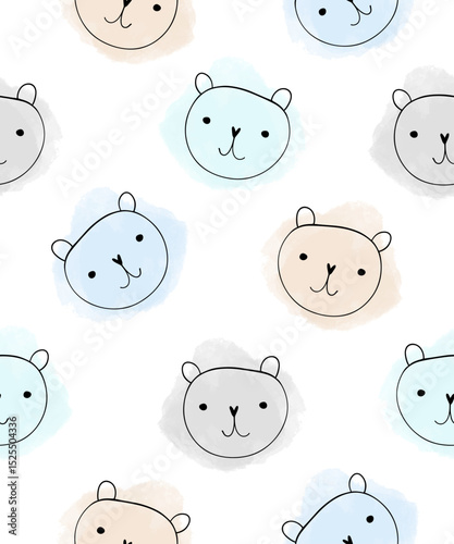 Cute Seamless Vector Pattern With Bears. Funny Hand Drawn Bear Toy Heads and Blue, Coral And Gray Watercolor Stains on a White Background. Lovely Wallpaper For Baby Boy. Print With Teddy Bears.