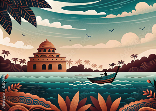 Stylized landscape with a boat sailing by a historic building and palm trees  