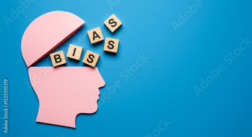 Pink head silhouette with bias blocks on blue background representing cognitive bias concept idea