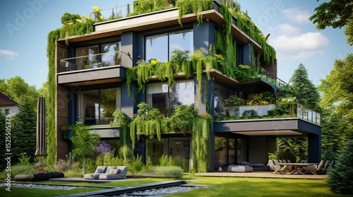 A photo of a modern house with a vertical garden