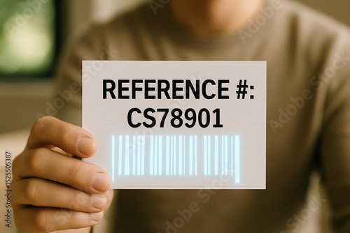 A person is holding a reference card with the barcode clearly visible