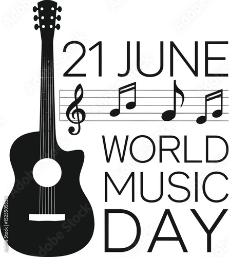 Vector Icon for 21 June World Music Day with Guitar and Musical Notes
