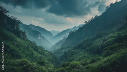 Lush green valley and mountains with mist and clouds overhead, showcasing a natural landscape.