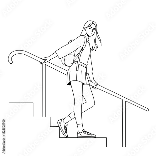 student girl walking down stairs with backpack and holding onto railing