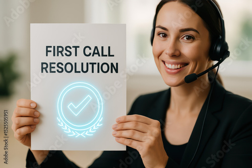Smiling customer service agent holding a sign that reads 