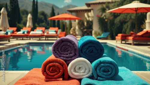 Colorful towels stacked near a poolside with lounge chairs and umbrellas in a luxurious outdoor setting. photo