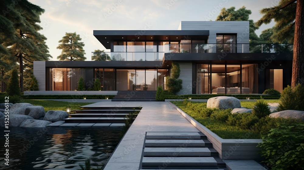Fototapeta premium A photo of a modern house with a walkway