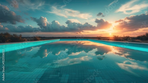 Sunset over a swimming pool with calm water reflecting the sky and clouds. Scenic view of a relaxing outdoor pool during twilight.