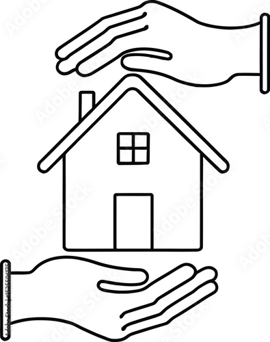  House Protection Outline Icon – Safe Home Insurance Symbol with Guarding Hands