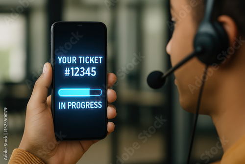 a person using a mobile phone that shows a ticket being processed, possibly for customer support or an online service, with a headset on, indicating a communication scenario