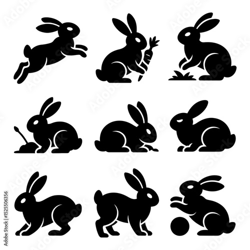 Collection of nine rabbit silhouettes in various poses and activities in a vector format