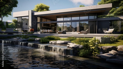 A photo of a modern house with a water feature