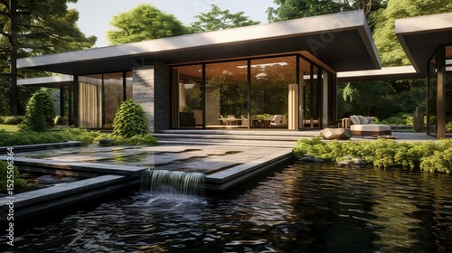 A photo of a modern house with a water feature