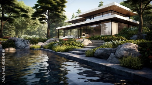 A photo of a modern house with a water garden