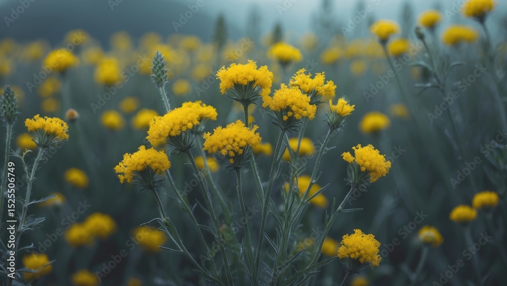 Fototapeta premium Bright yellow flowers in a meadow with a blurred background, showcasing vibrant plant life and natural beauty.