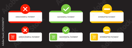 Minimal payment status UI widgets. Includes successful, unsuccessful, and interrupted payment designs with icons and color labels. Perfect for apps, checkout flows, and dashboards.