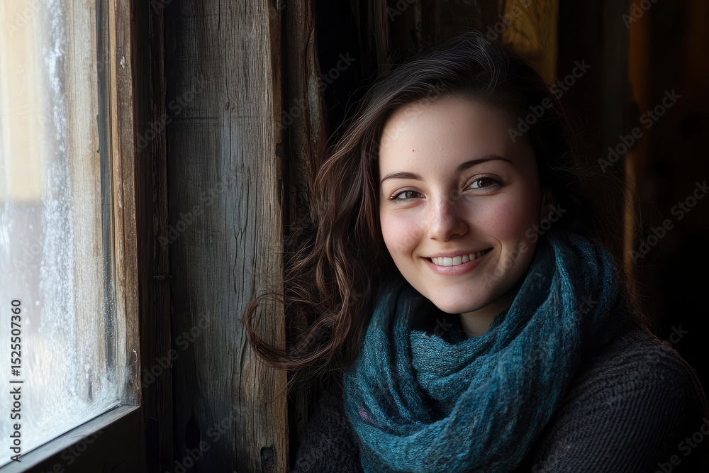 Fototapeta premium Peaceful Woman Smiling by Window - Serene Moment of Solitude Indoors