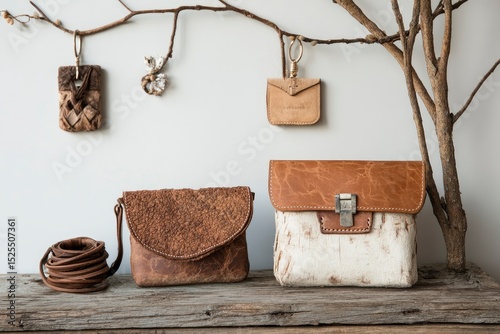 Conscious Fashion Accessories - Biodegradable Bags, Natural Jewelry and Belts. Concept of a frugal lifestyle and environmental awareness..