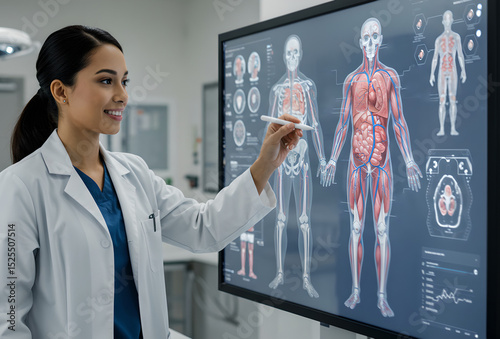 Doctor analyzing body of person on an display in medical laboratory. Digital human. High-tech study personalized health person. Future of biomedicine, diagnostic. Healthcare