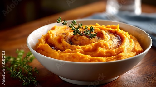 Creamy Mashed Sweet Potatoes Garnished with Fresh Thyme in a White Bowl