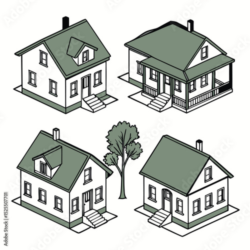 Isometric House Illustrations with Tree Architectural Drawings Vector Graphics and Building Designs
