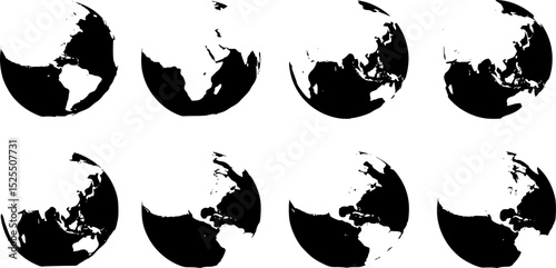 World globe maps set. Europe, Asia, America, Oceania globe maps. Earth globe icons isolated on blue background. Vector illustration.
