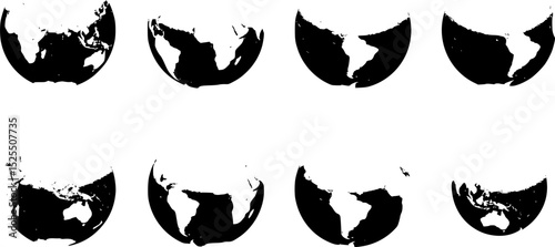 World globe maps set. Europe, Asia, America, Oceania globe maps. Earth globe icons isolated on blue background. Vector illustration.
