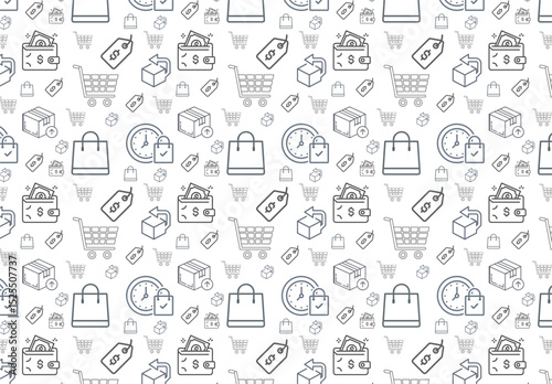  Shopping line seamless pattern. Shopping cart and bag on white background. E-commerce, online shop background. Vector illustration.

