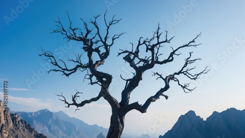 A leafless tree with twisted branches standing against mountain ranges under a clear sky.
