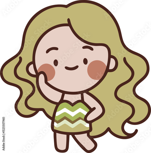 Cute Cartoon Girl with Wavy Hair and a Cheerful Expression Isolated