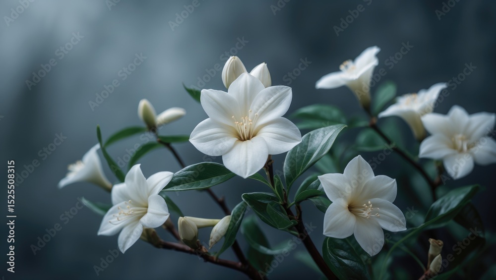 Obraz premium White jasmine flowers with green leaves, fresh and fragrant. Nature, floral, beauty. The concept of botanical and plant life.