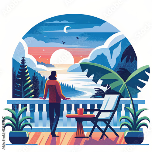Person admiring sunset view from balcony surrounded by plants  